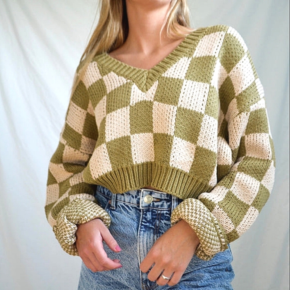 AFTER SCHEX Puff Balloon Sleeve Check Chunky V-Neck Crop Oversized Sweat… - Picture 12 of 12